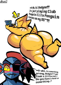 anthro blush bodily_fluids butt cellulite dialogue duo eye_patch eyewear female freckled_butt freckled_face freckled_shoulders freckles glasses looking_at_viewer overweight overweight_female shortstack small_tail sweat tail bikopie! club_penguin nintendo nintendo_ds_family undertale_(series) alphys undyne animal_humanoid aquatic aquatic_humanoid fish humanoid lizard reptile scalie animated