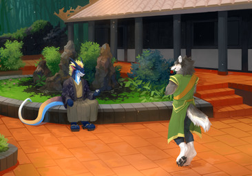 anthro duo guardian holidays male priest raining tail temple wind corzh77 mythology new_year teryx favonius teryx_commodore canid canine canis dragon mammal mythological_creature mythological_scalie scalie wolf absurd_res hi_res