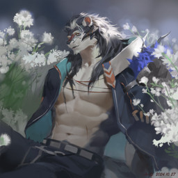 abs anthro blue_bottomwear blue_clothing blue_jacket blue_pants blue_topwear bottomwear clothed clothing flower fur grey_body grey_fur grey_hair grey_tail hair jacket looking_at_viewer male male_anthro multicolored_hair muscular muscular_anthro muscular_male narrowed_eyes navel open_clothing open_topwear orange_eyes pants pecs plant sitting solo tail topwear two_tone_hair white_body white_flower white_fur white_hair awaldkize felid mammal 1:1 2024 absurd_res dated hi_res signature
