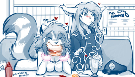 anthro arm_tuft beverage blush bound breasts burger casual_nudity cheek_tuft clothed clothed_anthro clothed_female clothing cuff_(restraint) cuffed_wrists drinking duo ear_tuft eating elbow_tuft eyes_closed facial_tuft featureless_breasts female food fries fully_clothed furniture fuzzy_handcuffs handcuffs heart_symbol holding_burger holding_food holding_object inside looking_away metal_cuffs milkshake nude nude_anthro nude_female police police_uniform public public_nudity restaurant restraints sitting table text tuft uniform conditional_dnp tom_fischbach twokinds raccoon_girl_(tom_fischbach) victoria_(twokinds) basitin mammal procyonid raccoon 2024 7:4 adobe_photoshop_(artwork) digital_media_(artwork) english_text hi_res monochrome sketch spot_color