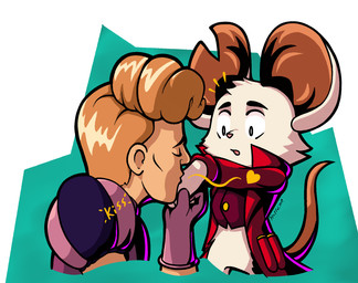 anthro blonde_hair bottomless bottomless_anthro cheek_tuft clothed clothing collared_shirt dress_shirt duo eyebrows eyes_closed facial_tuft female fur gloves hair hand_holding handwear heart_symbol jacket kiss_on_hand kissing male male/female notched_ear open_mouth pink_nose shirt sound_effects style_emulation surprised tail the_duke_(mina_the_hollower) topwear tuft vest white_body white_fur half_dime mina_the_hollower yacht_club_games mina_(mina_the_hollower) human mammal mouse murid murine rodent hi_res