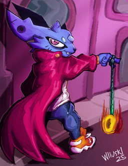 anthro biped black_nose blue_body blue_fur clothed clothing day ear_piercing fingers footwear fur male motion_lines mouth_closed outside piercing pupils red_clothing shadow sharp_teeth shoes solo standing teeth text white_sclera white_text yo-yo wiiuski pipistrello_and_the_cursed_yoyo pippit_(character) mammal 2025 absurd_res english_text hi_res signature