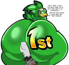 anthro ass_in_face beak big_butt body_writing butt duo eyewear face_in_ass feathers glistening glistening_butt goggles green_body huge_butt male simple_background smothering text white_background zoruadrawsstuff sega sonic_riders sonic_the_hedgehog_(series) jet_the_hawk accipitrid accipitriform avian bird 2025 character_request english_text hi_res