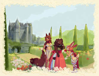 anthro big_tail bracelet castle clothed clothed_anthro clothed_female clothing crown detailed_background dress female female_anthro flower garden group headgear jewelry kemono medieval necklace plant princess red_rose ribbons rose_(flower) royalty tail trio pawberry bear fairy lagomorph leporid mammal rabbit 2025 hi_res
