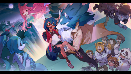 anthro baseball_uniform blue_body blue_eyes blue_fur blue_hair blush bottomwear brown_body brown_fur carrying_another city clothed clothing coat cute_fangs facial_markings fangs female fluffy fluffy_tail footwear fur gloves gloves_(marking) group hair handwear happy hat head_markings headgear headwear leg_markings male markings mask_(marking) multicolored_body multicolored_fur multicolored_hair night open_mouth outside shirt shoes smile socks_(marking) sportswear tail teeth topwear uniform white_body white_fur kyma_curry brand_new_animal studio_trigger jackie_(brand_new_animal) michiru_kagemori nazuna_hiwatashi nina_flip shirou_ogami aquatic bear canid canine canis cetacean dolphin felid feline giant_panda mammal mouse murid murine oceanic_dolphin raccoon_dog rodent tanuki toothed_whale wolf 16:9 2020 4k absurd_res hi_res widescreen