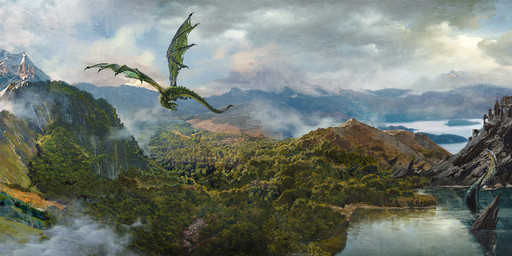 ambiguous_gender cloud day detailed_background feral flying forest green_body green_scales lake membrane_(anatomy) membranous_wings metallic_body mountain outside plant scales shipwreck suction_cup tail tentacles tree water wings 88grzes dungeons_and_dragons hasbro mythology wizards_of_the_coast dragon mythological_creature mythological_scalie scalie hi_res long_image official_art wide_image