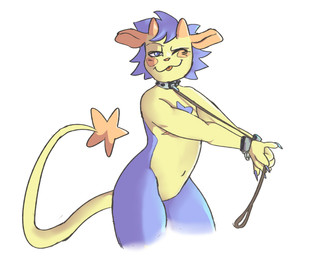 anthro bdsm blep blue_body blue_hair bondage bound brown_leash claws collar collar_only cuff_(restraint) facial_markings featureless_crotch hair head_markings holding_leash holding_object horn leash male markings metal_collar multicolored_body nude one_eye_closed restraints scar shackles simple_background solo studded_collar studs tongue tongue_out two_tone_body white_background wink yellow_body alien hi_res