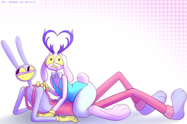 antlers blush clothing duo_focus fur group horn on_top_of_another pink_body pink_fur purple_body purple_fur rabbit_ears scut_tail short_tail tail yellow_sclera yumeship bardo_en_krisis glitch_productions the_amazing_digital_circus jax_(tadc) jackalope lagomorph leporid mammal rabbit 3:2 absurd_res hi_res