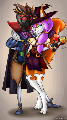 4_arms anthro beverage biped black_body black_hair black_nose blue_eyes blue_hair brown_clothing brown_gloves brown_handwear cape cheek_tuft claws clothed clothing container costume countershade_face countershade_torso countershading cup digitigrade drinking_glass duo ear_tuft eyewear facial_tuft fake_wings female front_view furgonomic_headwear furgonomics glass glass_container glass_cup glasses gloves hair halloween_costume hand_on_hip hand_on_own_hip handwear hat headgear headwear holding_beverage holding_object holidays leg_markings long_hair looking_at_another looking_at_viewer male male/female mandibles markings membrane_(anatomy) membranous_wings multi_arm multi_eye multi_limb multicolored_body orange_body ponytail pose purple_clothing red_eyes round_glasses simple_background socks_(marking) standing tuft two_tone_body white_body white_clothing white_markings wings witch_hat machinewithsoul halloween lunora arachnid arthropod mammal rodent sciurid spider tree_squirrel 2017 absurd_res hi_res