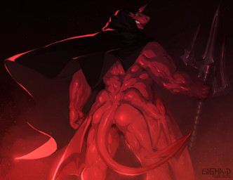 2_horns 5_fingers anthro back_muscles biceps big_muscles biped black_clothing butt cape cape_only cloak cloak_only clothed clothing fangs fingers grin holding_object holding_weapon hood horn looking_at_viewer looking_back looking_back_at_viewer male melee_weapon membrane_(anatomy) mostly_nude muscular muscular_anthro muscular_male muscular_thighs nude pitchfork polearm pose quads rear_view red_background red_body red_eyes red_horn red_scales red_skin red_tail scales sharp_teeth simple_background smile solo spade_tail standing tail teeth text tools triceps trident vein weapon yellow_eyes sigma-d mythology demon dragon mythological_creature mythological_scalie scalie 2022 absurd_res artist_name dated digital_drawing_(artwork) digital_media_(artwork) hi_res portrait signature three-quarter_portrait