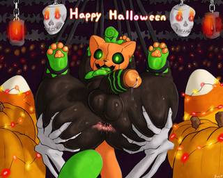 anus balls black_body bodily_fluids erection feral food fruit genital_fluids genitals green_eyes green_tongue holiday_message holidays humanoid_genitalia humanoid_genitalia_on_feral humanoid_penis humanoid_penis_on_feral looking_at_viewer male nude open_mouth open_smile orange_pawpads pawpads penis plant precum presenting presenting_anus pumpkin smile solo tail text tongue 2vv7 conditional_dnp halloween pumkat 5:4 english_text