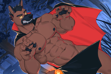 5_fingers abs anthro areola barazoku biceps big_muscles black_areola black_cape black_clothing black_eyebrows black_nipples cape cape_only claws clenched_teeth clothing convenient_censorship costume dutch_angle eyebrows fangs finger_claws fingers forest fur hair halloween_costume handpads holidays humanoid_hands looking_at_viewer male manly mostly_nude mostly_nude_anthro mostly_nude_male muscular muscular_anthro muscular_male navel night nipples no_irises outside pawpads paws pecs plant serratus solo standing teeth thick_eyebrows tree yellow_sclera canyne_khai halloween brown_dog_(canyne_khai) canid canine canis domestic_dog mammal vampire 2023 3:2 digital_media_(artwork) hi_res
