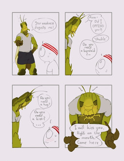 anthro biped blush bottomwear butt clothed clothing dialogue duo eyebrows fully_clothed green_body male male/male muscular muscular_anthro muscular_male muscular_thighs quads shirt shorts size_difference smile speech_bubble sweatband talking_to_another talking_to_partner text thick_thighs topwear wings kogito anon gym_bro_cricket arthropod cricket human insect mammal orthopterid 2023 absurd_res digital_media_(artwork) english_text hi_res sequence