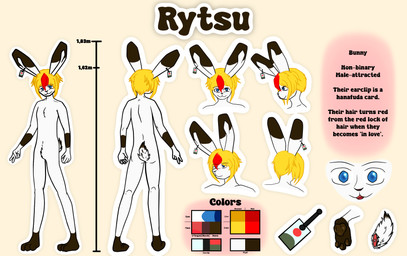 anthro aroused blonde_hair blue_eyes buckteeth card_ear_ring ear_tuft fur hair hair_color_change hanafuda_card male multicolored_body multicolored_fur multicolored_hair rabbit_ears red_hair scut_tail short_tail solo tail teeth text tuft white_body white_fur rytsu_(artist) rytsu lagomorph leporid mammal rabbit absurd_res digital_drawing_(artwork) digital_media_(artwork) english_text hi_res model_sheet nonbinary_(lore)