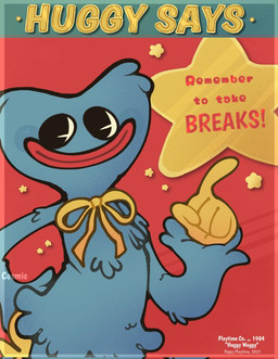 anthro big_eyes big_mouth_(anatomy) black_eyes blue_body blue_fur bow_tie dialogue exclamation_point fur gesture hand_gesture hand_on_hip happy lips looking_at_viewer male multicolored_body nude pointing positive_message public_service_announcement raised_arm red_background red_lips simple_background smile solo standing star text toony yellow_body yellow_skin wackadoodlee mob_entertainment poppy_playtime huggy_wuggy living_toy monster 2021 colorful_theme english_text half-length_portrait portrait