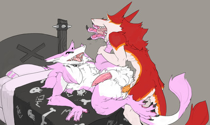 alternative_fashion anal anal_penetration anthro anus balls bodily_fluids butt claws collar duo erection eyeshadow feet foot_fetish foot_lick foot_play fur genital_fluids genitals hair licking lying makeup male male/male male_penetrated male_penetrating male_penetrating_male multicolored_body nude on_back open_mouth paws penetration penile penis pink_body punk raised_paw red_body rock sex simple_background smile spiked_collar spikes tail toes tongue tongue_out white_body white_fur conditional_dnp mej nagato_(nagatothesergal) mammal sergal digital_media_(artwork) hi_res