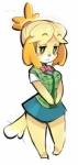 anthro barefoot biped black_eyes blonde_hair blush blush_stickers bottomwear bow_(feature) bow_tie clothing featureless_feet feet female fur hair orange_hair short_hair simple_background skirt smile solo standing topwear vest white_background yellow_body yellow_fur sho-n-d animal_crossing nintendo isabelle_(animal_crossing) canid canine canis domestic_dog mammal shih_tzu toy_dog 2014