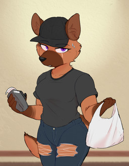 anthro blue_bottomwear blue_clothing blue_jeans blue_pants bodily_fluids bottomwear breasts brown_body brown_ears brown_fur brown_tail button_(fastener) clothed clothed_anthro clothed_female clothing delivery_(commerce) denim denim_bottomwear denim_clothing eye_scar eyebrow_through_hat eyebrows facial_markings facial_scar female female_anthro fingers food_delivery fur grey_clothing grey_hat grey_headwear grey_shirt grey_topwear hat head_markings headgear headwear holding_bag jeans markings medium_breasts muzzle_(marking) pants purple_eyes scar shirt solo sweat tail topwear torn_bottomwear torn_clothing torn_jeans torn_pants translucent translucent_clothing translucent_hat translucent_headwear white_sclera conditional_dnp sonokido ventura_city_drifters violet_naire canid canine canis domestic_dog german_shepherd herding_dog mammal pastoral_dog 2020 digital_media_(artwork) english_description hi_res portrait three-quarter_portrait