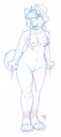 anthro bangs bikini breasts clothing eyebrows female footwear genitals hair looking_at_viewer mostly_nude nipples open_mouth ponytail pussy raised_eyebrows sandals shoes simple_background solo standing swimwear teeth tongue two-piece_swimsuit undressing white_background os cheyenne_(os) canid canine canis coyote mammal 2017 hi_res sketch