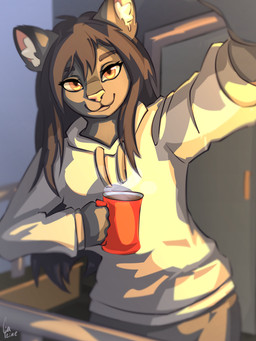 anthro black_hair blinking clothed clothed_anthro clothed_female clothing eyelashes female fingers fur glistening grey_body grey_clothing grey_markings hair hoodie light light_beam looking_at_viewer markings orange_eyes outside pink_nose smile sunbeam sunlight topwear cafeine cougar felid feline mammal 3:4 absurd_res cel_shading digital_media_(artwork) hi_res high_contrast lighting portrait shaded