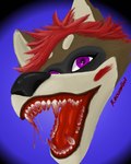 anthro blood blood_in_mouth blood_on_face bodily_fluids brown_body brown_fur female fur gradient_background hair mouth_shot open_mouth purple_eyes red_hair saliva saliva_string simple_background solo tongue raccoongirl baphle mammal procyonid raccoon 4:5 absurd_res hi_res