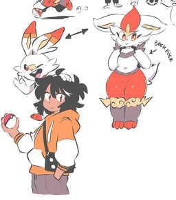anthro backpack dark_body dark_skin dipstick_ears duo ear_markings freckled_face freckles fur gesture hand_gesture male markings multicolored_body multicolored_ears multicolored_fur orange_body orange_fur pants_(marking) pokeball red_body red_ear_tips red_eyes red_fur smile thick_thighs v_sign white_body white_fur quavernsfw nintendo pokemon pokemon_trainer cinderace generation_8_pokemon human mammal pokemon_(species) scorbunny 2026 colored_sketch sketch sketch_page