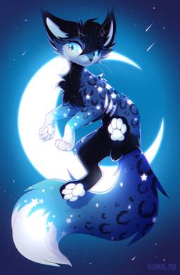 ambiguous_feral ambiguous_gender black_body black_fur black_hair black_markings blue_body blue_eyes blue_fur blue_tail crescent_moon feral fur glistening glistening_eyes hair leg_markings markings moon pawpads short_hair side_view socks_(marking) solo star tail whiskers white_markings white_pawpads bloominglynx felid mammal absurd_res hi_res
