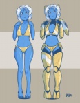 armor bikini bikini_armor blue_body blue_skin blush blush_stickers clothing female fire_warrior hair not_furry simple_background solo swimwear two-piece_swimsuit unconvincing_armor white_hair blazbaros warhammer_(franchise) warhammer_40000 alien humanoid t'au_(warhammer)