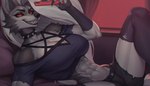 anthro bed big_breasts breasts clenched_teeth clothed clothing collar electronics female fur furniture hair looking_at_viewer muscular muscular_female on_bed phone red_sclera smile solo tail teeth teeth_showing white_body white_fur lgnida helluva_boss mythology loona_(helluva_boss) canid canid_demon canine demon hellhound mammal mythological_canine mythological_creature digital_media_(artwork)