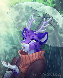 5_fingers ambiguous_gender anthro antlers breasts clothed clothing day detailed_background female fingers fur horn outside purple_body purple_fur raining scarf solo water imanika deer felid hybrid leopard mammal pantherine digital_media_(artwork) shaded