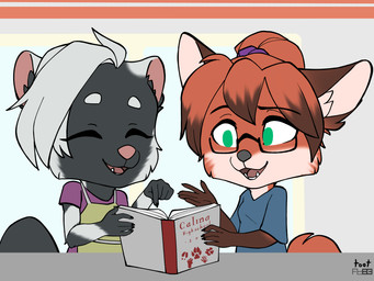 anthro apron black_body black_fur blue_clothing blue_shirt blue_topwear book breasts brown_highlights brown_markings cheek_tuft chibi clothed clothing dialogue dipstick_ears dipstick_hair duo ear_markings eyes_closed eyewear facial_tuft fangs female fur glasses gloves_(marking) green_eyes hair highlights_(coloring) inner_ear_fluff markings multicolored_ears open_mouth ponytail purple_clothing purple_shirt purple_topwear red_body red_fur red_hair shirt short_hair simple_background tail teeth tied_hair topwear tuft white_body white_fur white_hair foxboy83 tootaloo vixen_logic gale_(vixen_logic) red_(vixen_logic) canid canine fox mammal mephitid red_fox skunk spotted_skunk true_fox 4:3 colored digital_media_(artwork) flat_colors hi_res