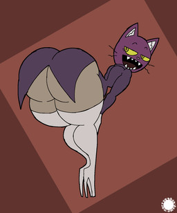 anthro bedroom_eyes bent_over big_butt boots bubble_butt butt clothing curvy_figure eyelashes fangs femboy footwear fur geometric_background gloves handwear heart_nose heart_symbol high_heeled_boots high_heels inner_ear_fluff jacket legwear logo looking_at_viewer looking_back looking_back_at_viewer male narrowed_eyes open_mouth open_smile presenting presenting_hindquarters purple_body purple_fur rear_view seductive shoes simple_background small_waist smile solo teeth text thick_thighs thigh_boots thigh_highs topwear tuft wasp_waist whiskers yellow_sclera thatdawgmurray fear_and_hunger pocketcat_(fear_&_hunger) domestic_cat felid feline felis mammal aliasing artist_logo artist_name digital_media_(artwork) hi_res signature