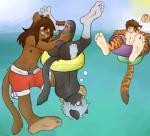 ankle_grab anthro arms_bent arms_by_side bent_leg bent_legs bodily_fluids brown_speech_bubble clothed clothing cum erection extended_leg feet floatie foreskin fully_submerged_legs fully_submerged_tail fur genital_fluids genitals group half_submerged hand_on_ankle hand_on_leg hand_on_penis handjob humanoid_feet humanoid_genitalia humanoid_penis in_swim_ring inflatable inflatable_ride inflatable_support inner_tube leg_grab legs_in_air male male/male on_pool_toy on_swim_ring partially/partially_submerged partially_retracted_foreskin partially_submerged penile penis penis_grab plantigrade pool_toy question_mark sea sex sex_in_water speech_bubble straight_arms stripes submerged_legs submerged_tail sunken_seat supported_legs swim_ring tail_in_water trio upside_down water sebafox felid mammal pantherine tiger 2015