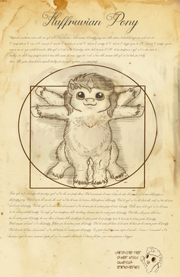 1_horn :3 ambiguous_gender featureless_crotch feral front_view hooves horn mouth_closed on_hind_legs parody smile solo spread_arms standing text young young_ambiguous young_feral sorrystickpro fluffy_pony vitruvian_man fluffy_pony_(species) mammal absurd_res hi_res italian_text monochrome sepia