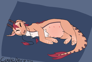 abstract_background belly_blush belly_nipples blush body_blush brown_horn brown_nose chest_tuft clitoris curling_tail ear_markings ears_down eye_markings eyes_closed female female_feral feral fur genitals hair happy horn horn_spikes long_ears lying mane markings mottled mottled_nose on_side pink_nose pivoted_ears pregnant pregnant_female pregnant_feral red_body red_fur red_hair red_mane sleeping solo spikes spikes_(anatomy) spots spotted_body spotted_fur spotted_markings spotted_tail spread_legs spreading stretching_legs striped_body striped_fur stripes tail tail_markings tail_tuft tan_body tan_fur teats tuft vulva whiskers white_body white_fur teensytinykobold mythology callie_(teensytinykobold) dragon eastern_dragon mythological_creature mythological_scalie scalie wingless_dragon signature