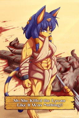 abs angry anthro biceps big_ears blood blood_drip blood_on_face blue_hair bodily_fluids breasts clothed clothing corpse cuff_(restraint) death dialogue_box dripping duo facial_markings female female_focus gold_(metal) gold_jewelry hair head_markings jewelry looking_at_viewer markings muscular muscular_anthro muscular_female restraints shackles solo stripes tail text warrior weapon yellow_body dennhaze animal_crossing mythology nintendo ankha_(animal_crossing) canid canine domestic_cat felid feline felis mammal mythological_canine mythological_creature werecanid werecanine werecreature werewolf 2:3 absurd_res digital_media_(artwork) english_text hi_res