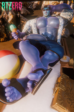 barazoku beach big_muscles big_pecs big_penis blue_body blue_skin bottomwear clothed clothing eyewear footwear genitals glasses horn looking_at_viewer lying male muscular on_back open_clothing open_shirt open_topwear pecs penis sandals shirt shoes shorts solo topwear rtzero deadlock_(game) valve abrams_(deadlock) demon humanoid 2:3 absurd_res hi_res