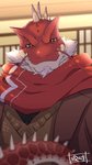 anthro beard biped clothing facial_hair inside kemono male red_body scarf solo sweater topwear aruji_yume lifewonders tokyo_afterschool_summoners itzamna_(tas) iguana iguanid lizard reptile scalie 2020 hi_res