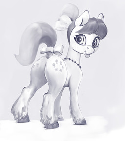 accessory bow_ribbon butt cutie_mark dock_(anatomy) eyelashes female feral fetlocks furgonomics hair_accessory hair_bow hair_ribbon hooves jewelry leg_tuft necklace raised_tail ribbons smile solo tail tail_accessory tail_bow tail_ribbon tongue tongue_out tuft ponsce hasbro mlp_g5 my_little_pony posey_bloom_(mlp) earth_pony equid equine horse mammal pony hi_res monochrome