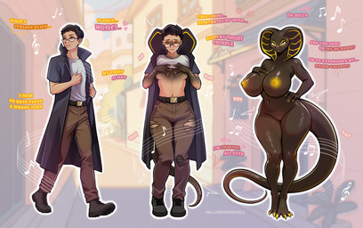 anthro belt big_breasts black_body black_hair black_scales boots bottomwear breast_growth breasts clothing dialogue eyewear female footwear front_view gender_transformation genitals glasses growth hair hand_on_breast human_to_anthro jacket male mind_control mtf_transformation musical_note musical_symbol navel nipples nude open_mouth pants scales shoes short_hair smile solo species_transformation standing symbol tail tail_growth text tongue tongue_out topwear torn_clothing transformation vulva walking millardcromwell deiser human mammal reptile scalie snake 2025 digital_media_(artwork) english_text hi_res sequence