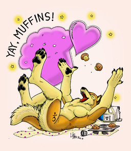 anthro biped caption chest_tuft eyes_closed feet female food fur happy heart_symbol hindpaw lying muffin on_back pawpads paws soles solo tail toes tuft conditional_dnp loupgarou canid canine canis mammal wolf