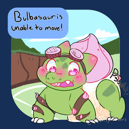 3_fingers 3_toes ambiguous_gender big_diaper blush blush_lines bodily_fluids bud_(flower) claws clothed clothing detailed_background diaper diaper_only eyewear eyewear_on_head fangs feet feral finger_claws fingers flower genital_fluids goggles goggles_on_head grass green_body green_spots ledge looking_down markings open_mouth pink_flower plant simple_background solo sound_effects spots spotted_body spotted_face teeth text text_box three-quarter_view toe_claws toes topless transparent_background twitter_handle unclean_diaper urine used_diaper using_diaper vines wavy_mouth wearing_diaper wet_diaper wetting wetting_diaper flimsy_rivers nintendo pokemon shochu_(gao) bulbasaur generation_1_pokemon pokemon_(species) 1:1 2023 alpha_channel artist_name english_text full-length_portrait hi_res portrait