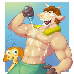 anthro arnold_(mating_season) bodily_fluids duo female hooves looking_at_another male male/female muscular skinny spilling_drink sweat wet wet_body kadedrawz mating_season_(series) fawn_(mating_season) bovid caprine deer goat mammal 1:1 hi_res