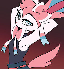 anthro black_clothing black_topwear blue_body blue_eyes blue_fur bottomwear bow_(anatomy) clothed clothed_anthro clothed_male clothing eyelashes fur gradient_background hands_behind_head looking_at_viewer male pink_body pink_fur pink_inner_ear pink_nose pink_tail pokemorph pose red_background ribbons_(anatomy) simple_background solo standing tail topwear white_body white_fur odeko-yma nintendo pokemon pix_(odeko-yma) eeveelution generation_6_pokemon pokemon_(species) sylveon 2025 hi_res