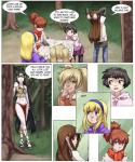 2014 5:6 absurd_res aogami blonde_hair bra brown_hair clothing comic english_text female forest greeting group hair hi_res human human_only mammal map not_furry outside plant red_hair text tree underwear young young_female young_human