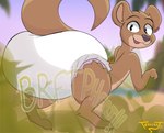 anthro beach big_diaper blurred_background brown_body brown_fur diaper fart fart_cloud fart_fetish fur happy looking_back male open_mouth silly silly_face solo teasyrat mammal mustelid otter hi_res