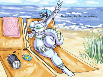 anthro arm_tattoo beach beach_towel big_breasts bikini biped blue_body breasts chest_tattoo clothed clothed_anthro clothed_female clothing cloud crossgender day electronics eyewear feet female fingers front_view gesture grass green_bikini green_clothing green_swimwear hand_gesture humanoid_feet humanoid_hands laugh leaning leaning_backward leg_tattoo looking_at_viewer mtf_crossgender muscular muscular_anthro muscular_female musical_note musical_symbol nipple_outline nipples non-mammal_breasts non-mammal_nipples outside plant plantigrade racism radio raised_arm sand sea sharp_teeth sitting skimpy sky smile smirk solo speciesism sunglasses sunscreen swimwear symbol talking_to_viewer tattoo teeth text thick_thighs toes towel two-piece_swimsuit v_sign water wide_hips caldinie1 goodbye_volcano_high ko_op_(game_developer) nick_(gvh) baryonyx dinosaur prehistoric_species reptile saurischian scalie spinosaurid theropod 4:3 colored english_text hi_res