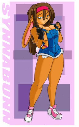 anthro big_breasts biped breasts brown_hair clothed clothing dreadlocks female fingerless_gloves footwear fur gloves hair handwear long_hair looking_aside looking_at_viewer orange_body orange_fur overalls overalls_only shirtless shoes skimpy smile solo standing text torn_clothing white_body white_fur shonuff synnabunn lagomorph leporid mammal rabbit 5:8 character_name