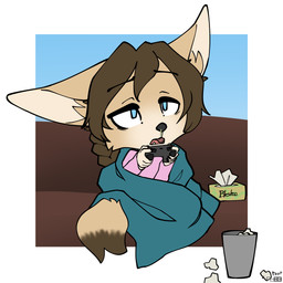 5_fingers anthro bedding black_nose blanket blue_eyes bodily_fluids brown_body brown_fur brown_hair chibi clothed clothed_anthro clothed_female clothing controller dipstick_tail eyebrow_through_hair eyebrows female fingers fur furniture game_controller gaming hair ill markings open_mouth playing_video_game snot sofa solo tail tail_markings teeth tissue tissue_box tongue translucent translucent_hair trash_can foxboy83 tootaloo vixen_logic zerda_(vixen_logic) canid canine canis fennec_fox fox mammal true_fox 1:1 hi_res