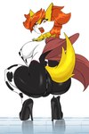 animal_print anthro big_breasts big_butt biped breasts butt clothed clothing cow_print crouching female footwear fur high_heels inner_ear_fluff legwear looking_back open_mouth pupils reflection shoes solo thick_thighs thigh_highs three-quarter_view tuft yellow_body seiiartworks nintendo pokemon delphox generation_6_pokemon pokemon_(species) hi_res